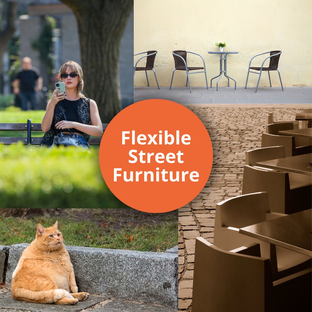 a college of flexible furniture for the streets: tables, chairs, and places for pedestrians to sit or rest.