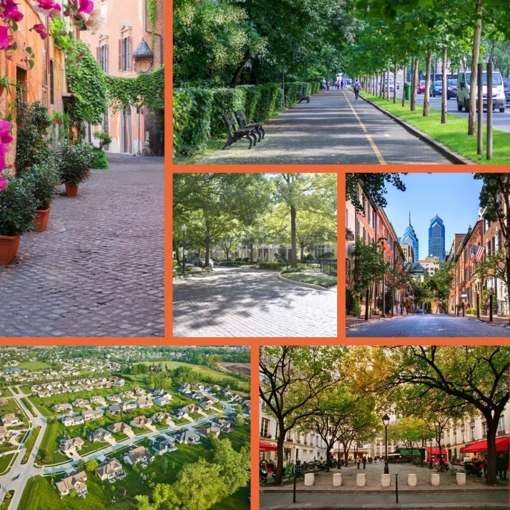 a Collection of streets, plazas & neighborhoods that have green spaces around them.